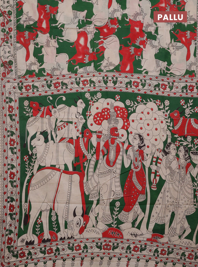 Kalamkari cotton saree green and beige with allover prints and printed border