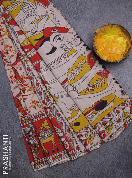 Kalamkari cotton saree beige and red with allover prints and printed border