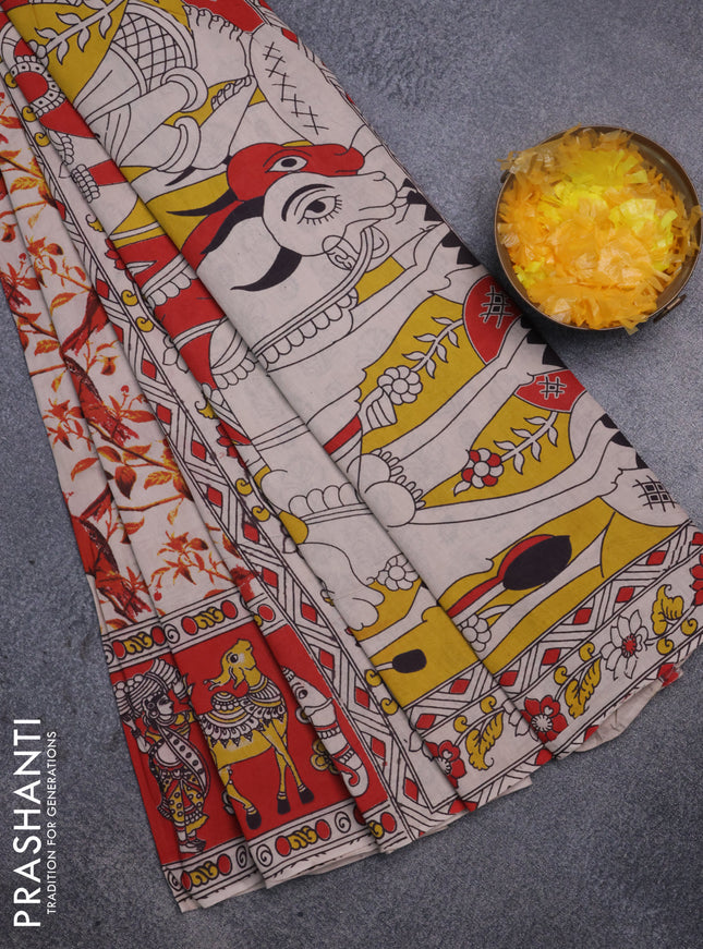 Kalamkari cotton saree beige and red with allover prints and printed border