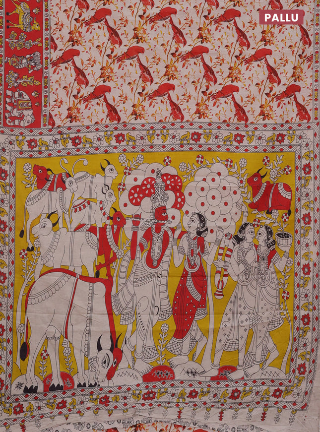 Kalamkari cotton saree beige and red with allover prints and printed border