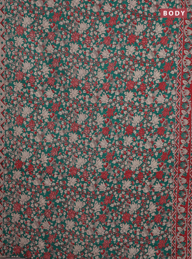 Kalamkari cotton saree green and red with allover prints and printed border