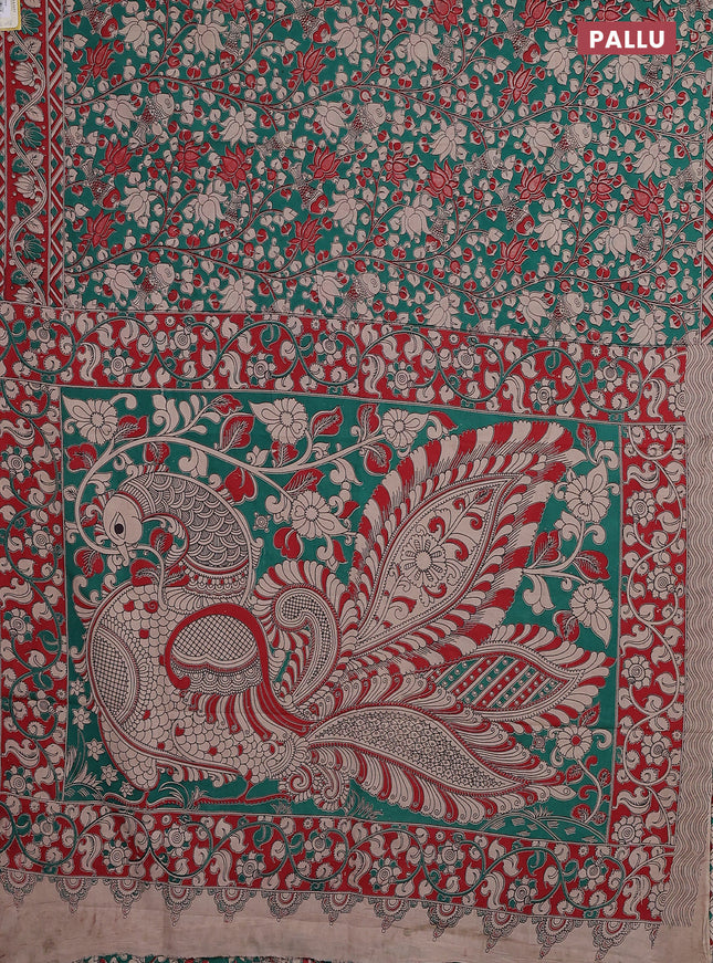 Kalamkari cotton saree green and red with allover prints and printed border