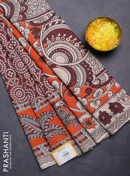 Kalamkari cotton saree maroon beige and orange with allover bandhani prints and printed border