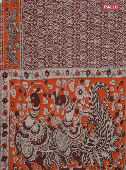 Kalamkari cotton saree maroon beige and orange with allover bandhani prints and printed border