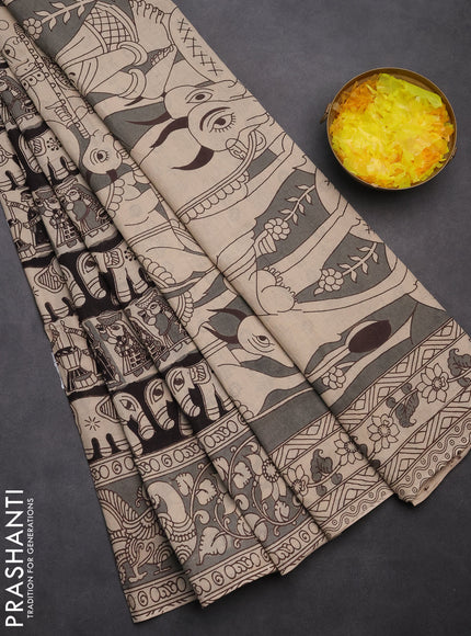 Kalamkari cotton saree black and beige with allover prints and printed border