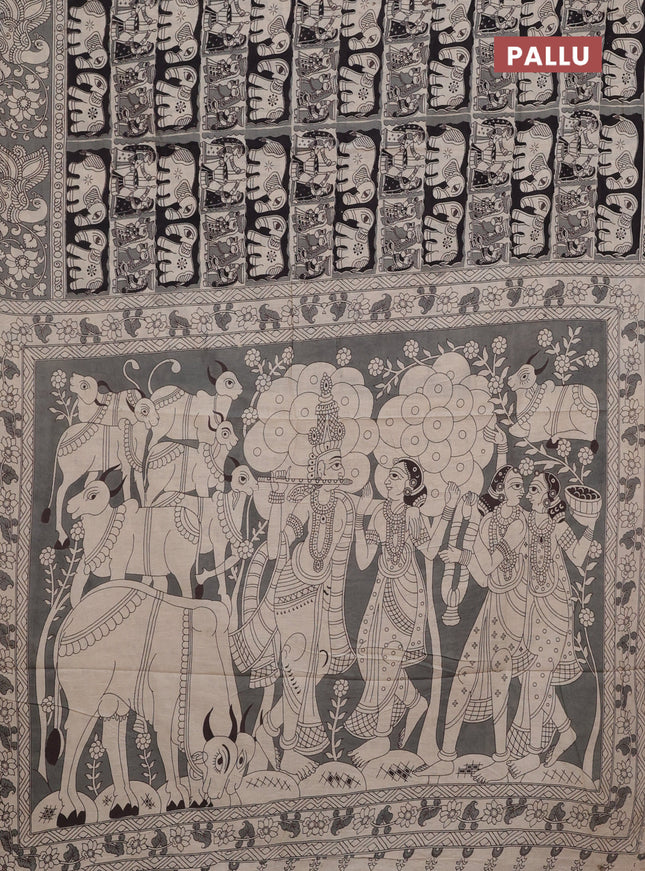 Kalamkari cotton saree black and beige with allover prints and printed border
