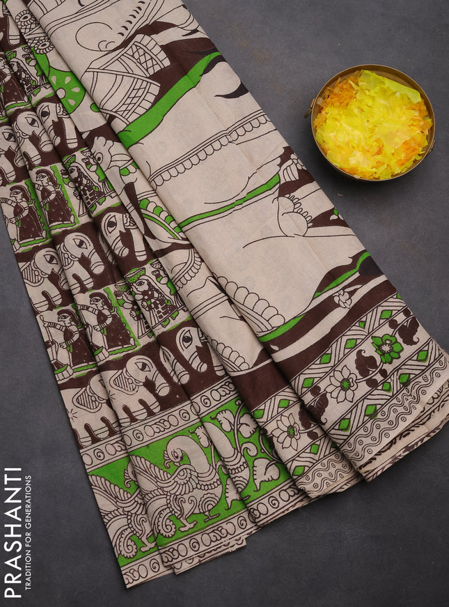 Kalamkari cotton saree deep coffee brown and green with allover prints and printed border