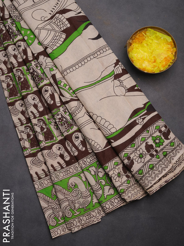 Kalamkari cotton saree deep coffee brown and green with allover prints and printed border