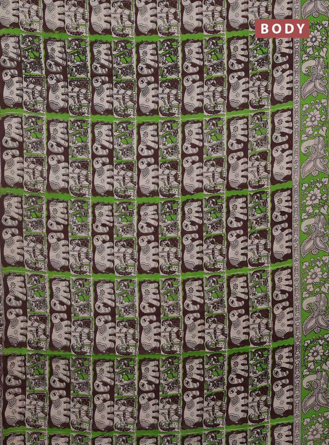 Kalamkari cotton saree deep coffee brown and green with allover prints and printed border