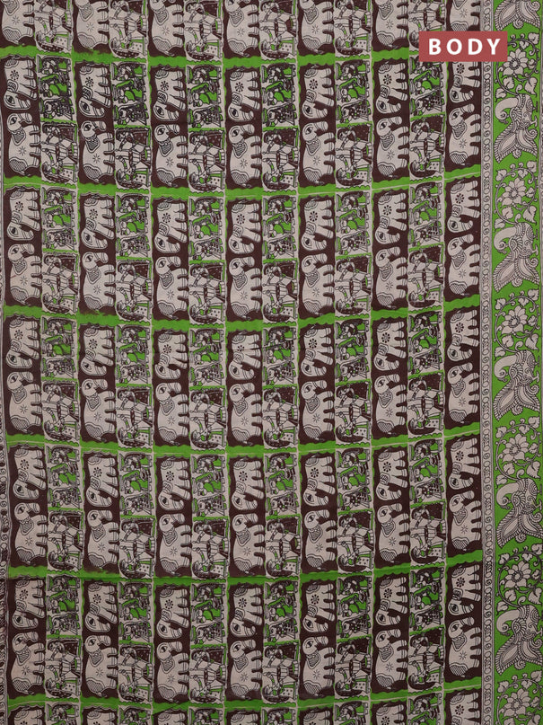Kalamkari cotton saree deep coffee brown and green with allover prints and printed border