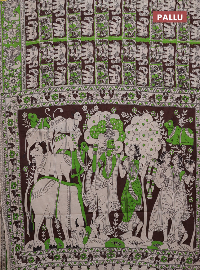 Kalamkari cotton saree deep coffee brown and green with allover prints and printed border