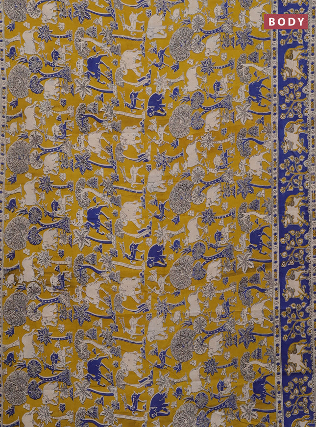 Kalamkari cotton saree mustard yellow and blue with allover prints and printed border