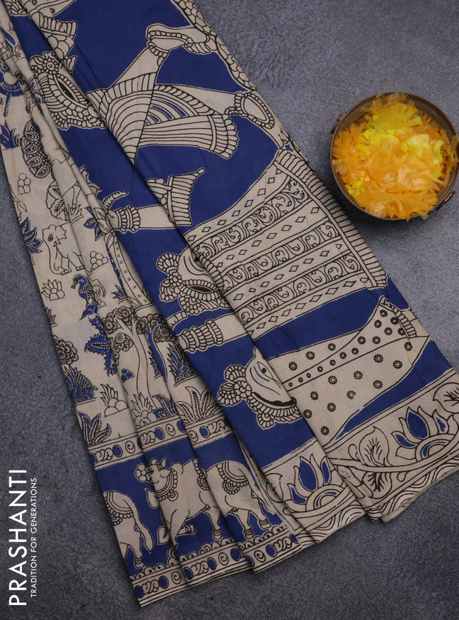Kalamkari cotton saree beige and blue with allover prints and printed border