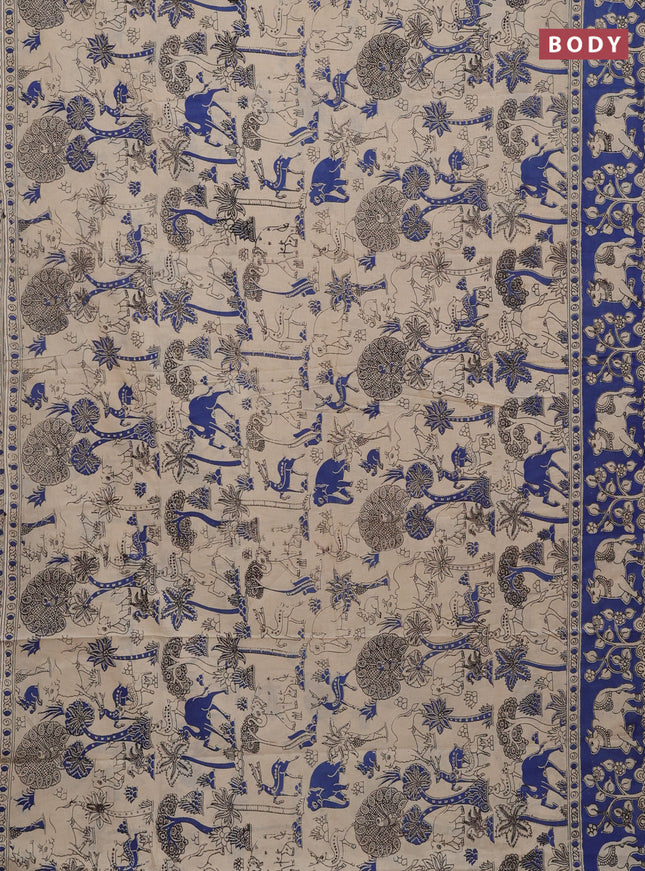 Kalamkari cotton saree beige and blue with allover prints and printed border
