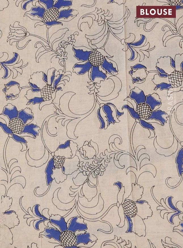 Kalamkari cotton saree beige and blue with allover prints and printed border