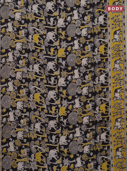 Kalamkari cotton saree black and yellow with allover prints and printed border