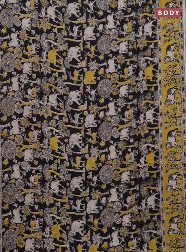 Kalamkari cotton saree black and yellow with allover prints and printed border