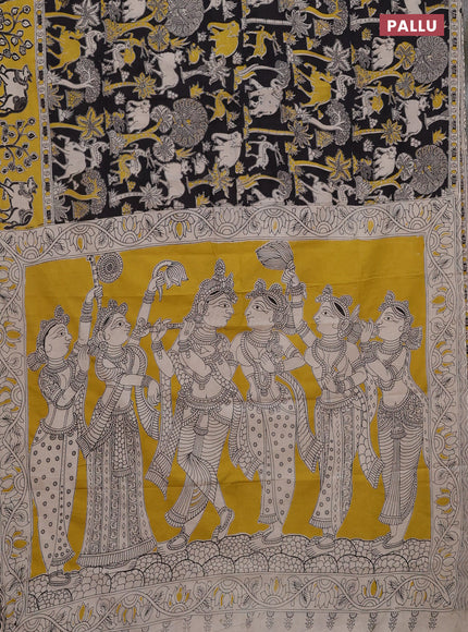Kalamkari cotton saree black and yellow with allover prints and printed border