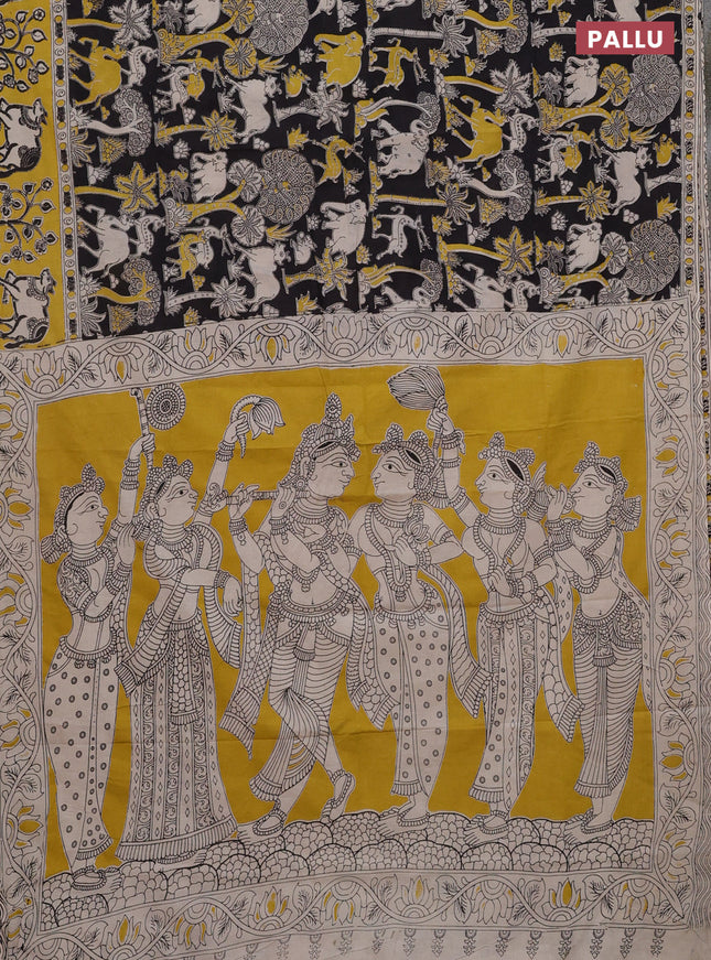 Kalamkari cotton saree black and yellow with allover prints and printed border
