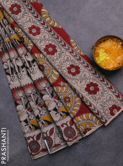 Kalamkari cotton saree black and beige with allover prints and printed border