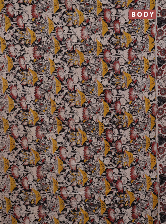 Kalamkari cotton saree black and beige with allover prints and printed border