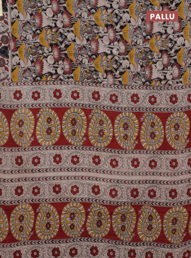 Kalamkari cotton saree black and beige with allover prints and printed border