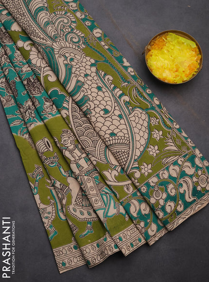 Kalamkari cotton saree mehendi green and beige with allover prints and printed border