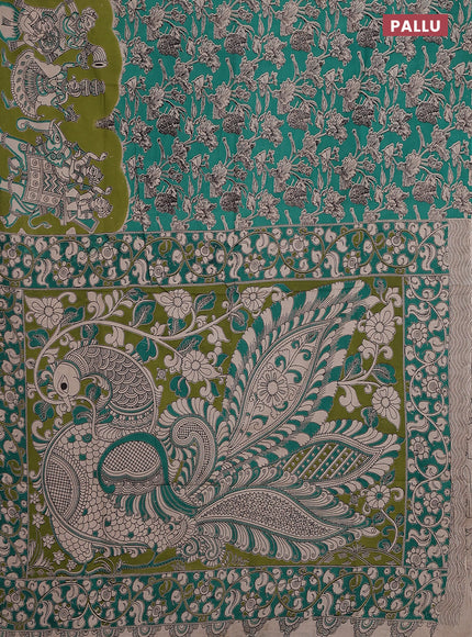 Kalamkari cotton saree mehendi green and beige with allover prints and printed border