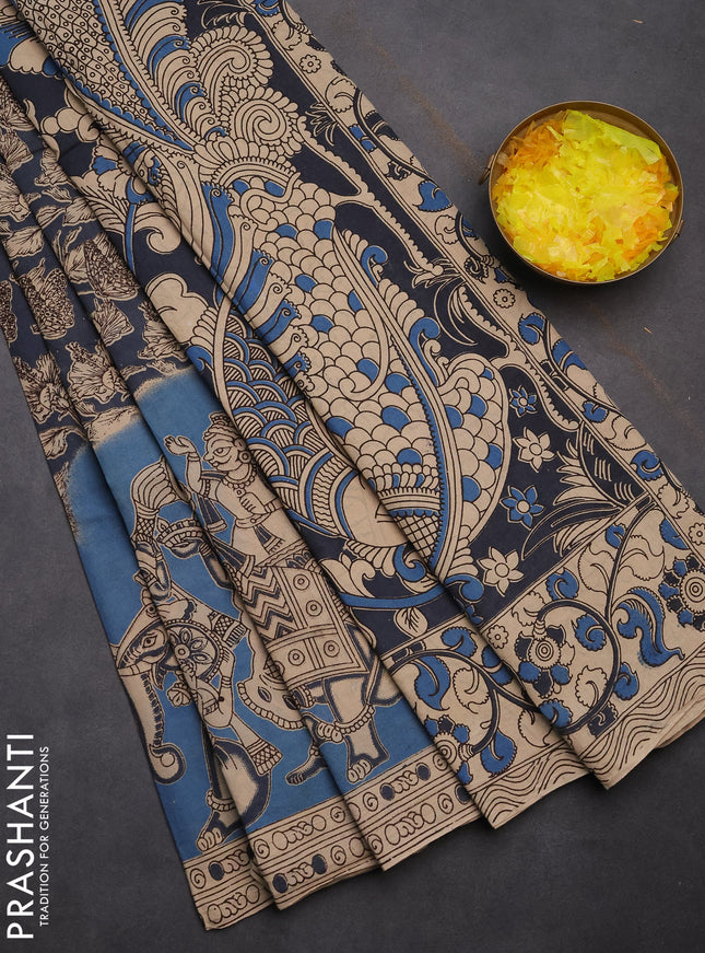 Kalamkari cotton saree grey and pastel blue with allover prints and printed border