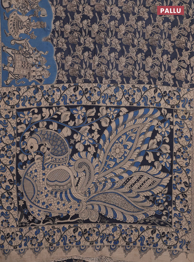 Kalamkari cotton saree grey and pastel blue with allover prints and printed border