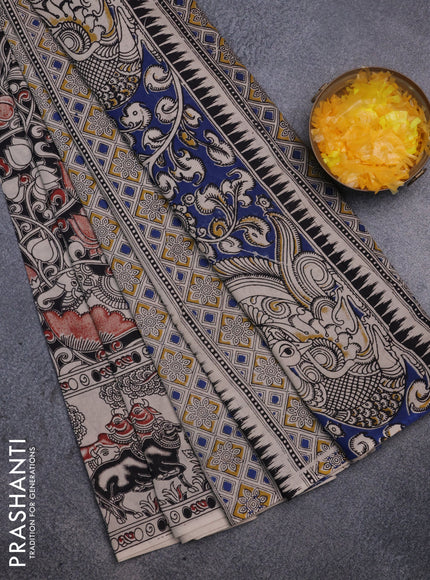 Kalamkari cotton saree black and beige with allover prints and printed border