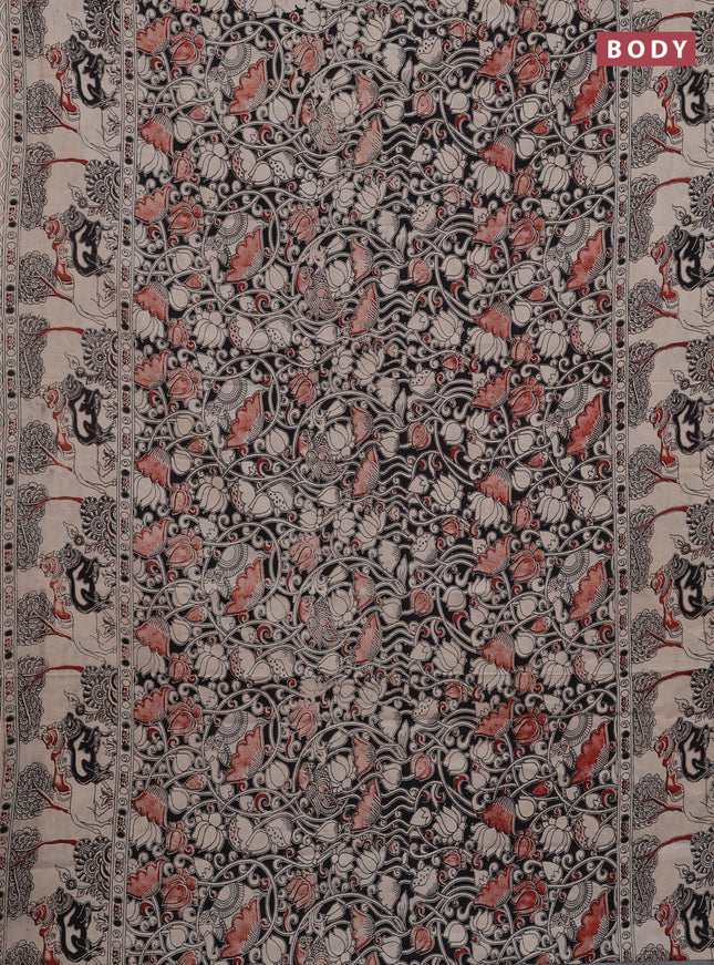 Kalamkari cotton saree black and beige with allover prints and printed border