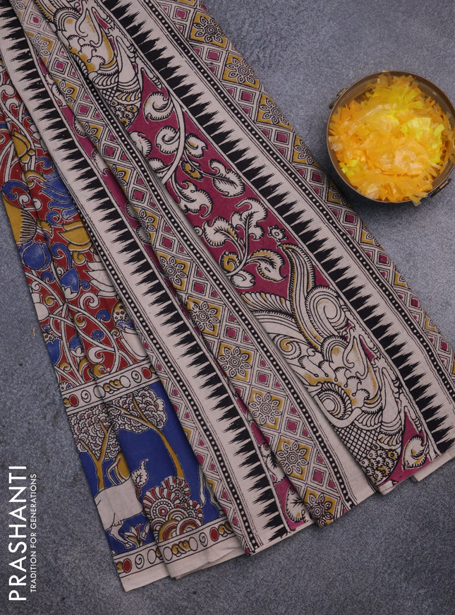 Kalamkari cotton saree maroon and blue with allover prints and printed border