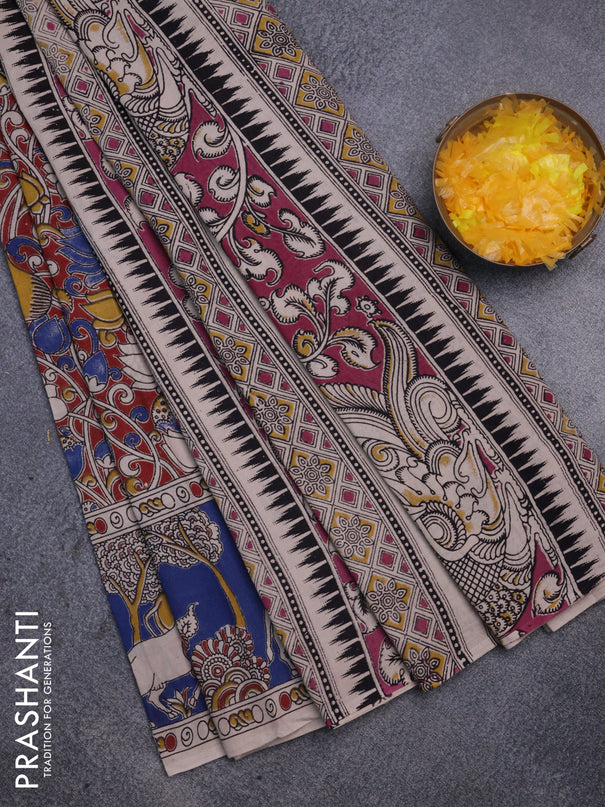 Kalamkari cotton saree maroon and blue with allover prints and printed border