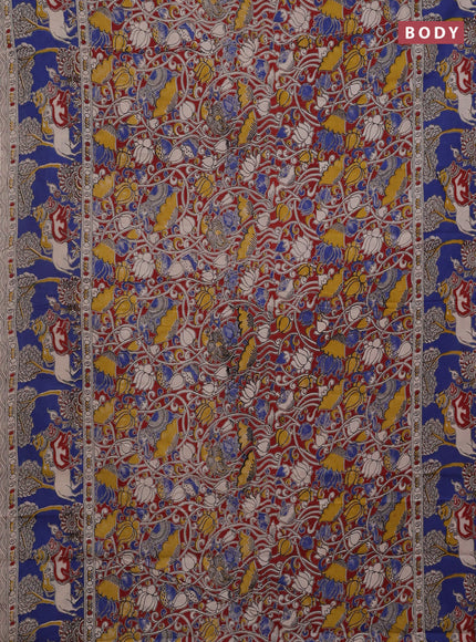 Kalamkari cotton saree maroon and blue with allover prints and printed border