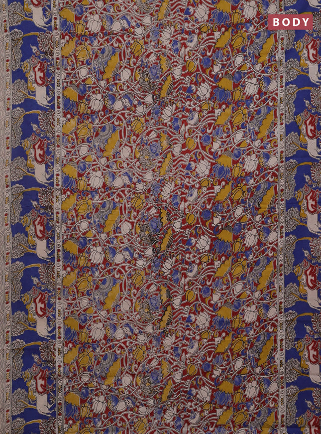 Kalamkari cotton saree maroon and blue with allover prints and printed border