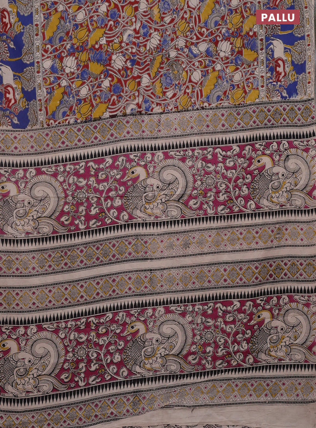 Kalamkari cotton saree maroon and blue with allover prints and printed border