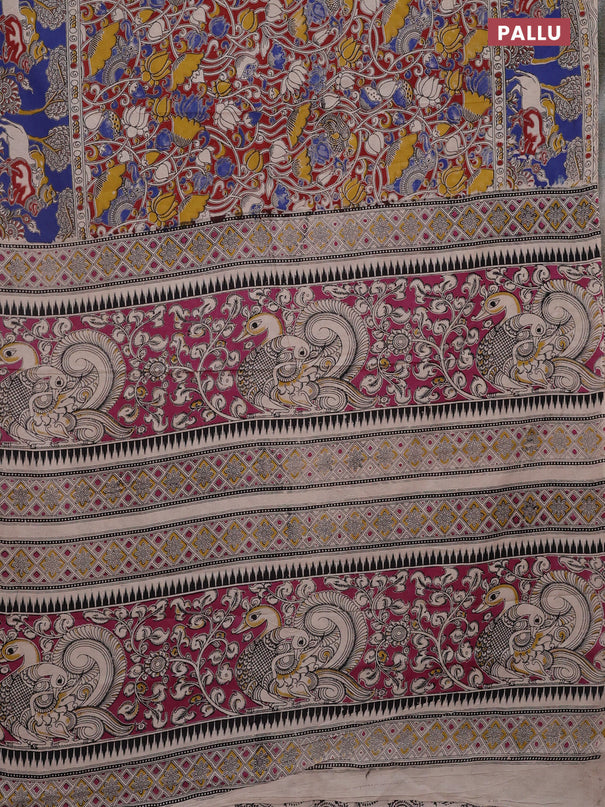 Kalamkari cotton saree maroon and blue with allover prints and printed border