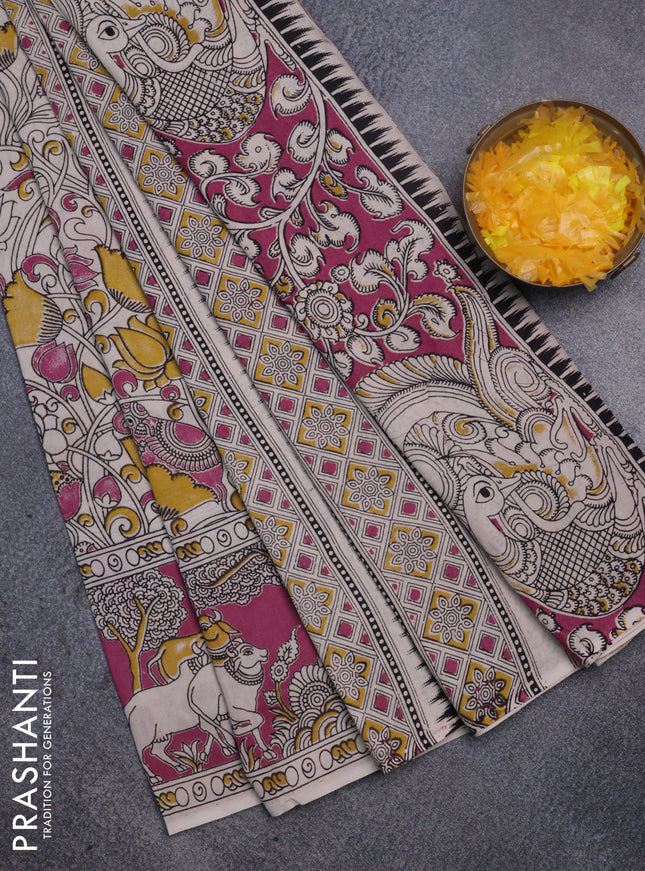 Kalamkari cotton saree beige and pink with allover prints and printed border