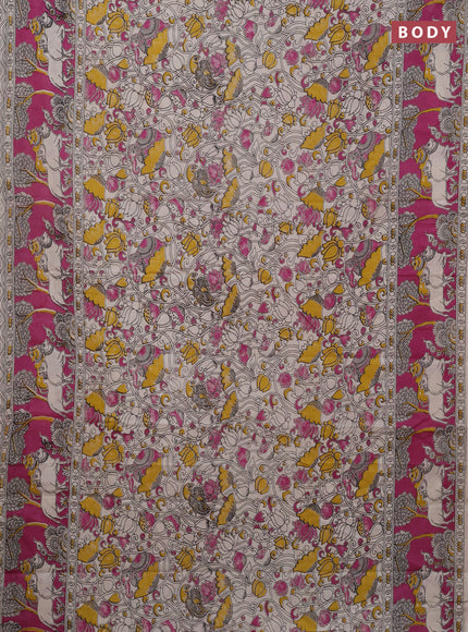 Kalamkari cotton saree beige and pink with allover prints and printed border