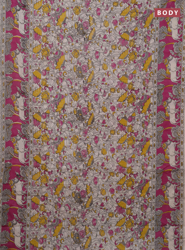 Kalamkari cotton saree beige and pink with allover prints and printed border