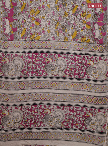 Kalamkari cotton saree beige and pink with allover prints and printed border