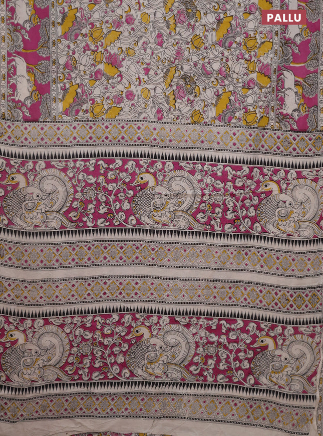 Kalamkari cotton saree beige and pink with allover prints and printed border