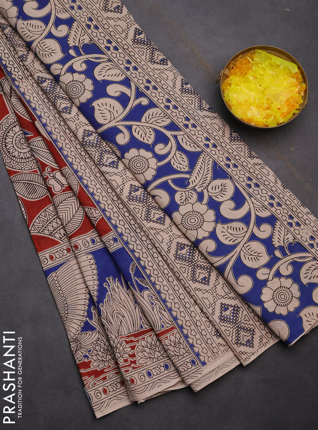 Kalamkari cotton saree maroon and blue with allover prints and printed border