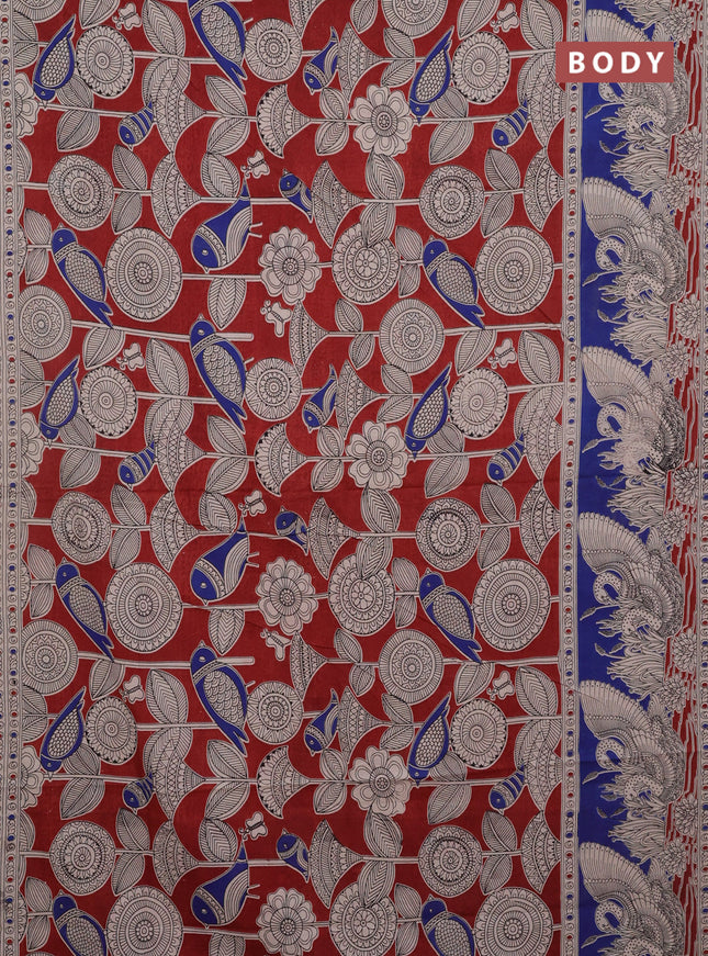 Kalamkari cotton saree maroon and blue with allover prints and printed border