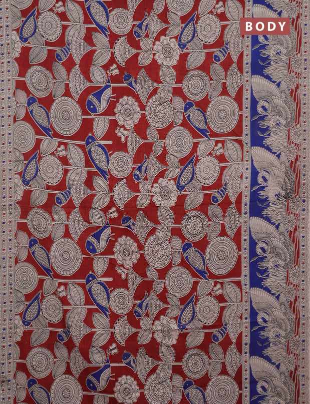 Kalamkari cotton saree maroon and blue with allover prints and printed border