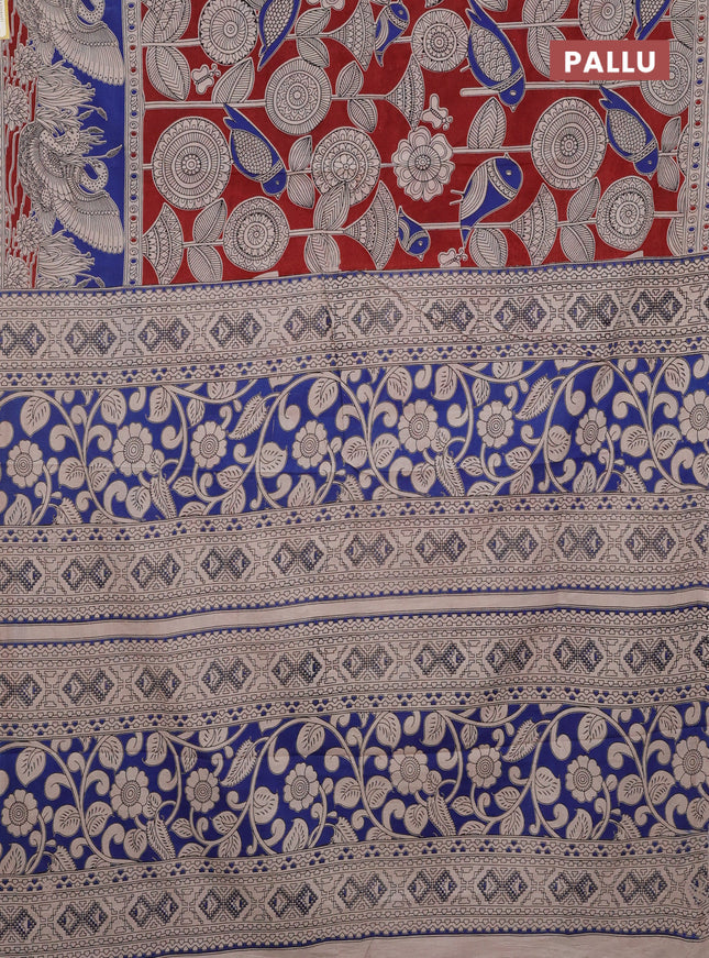 Kalamkari cotton saree maroon and blue with allover prints and printed border