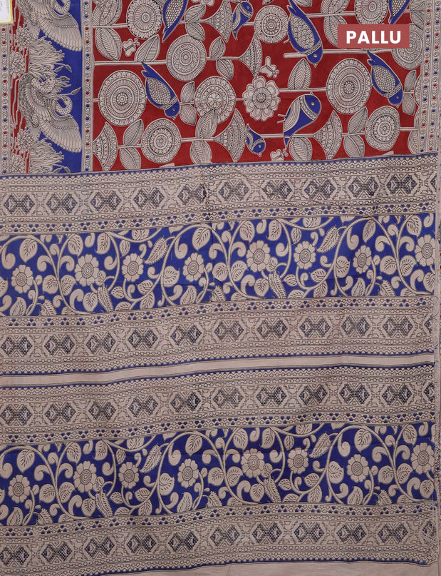 Kalamkari cotton saree maroon and blue with allover prints and printed border