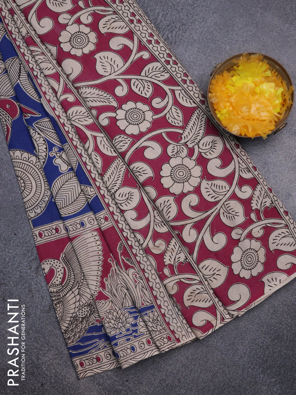 Kalamkari cotton saree blue and magenta pink with allover prints and printed border