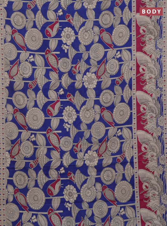 Kalamkari cotton saree blue and magenta pink with allover prints and printed border